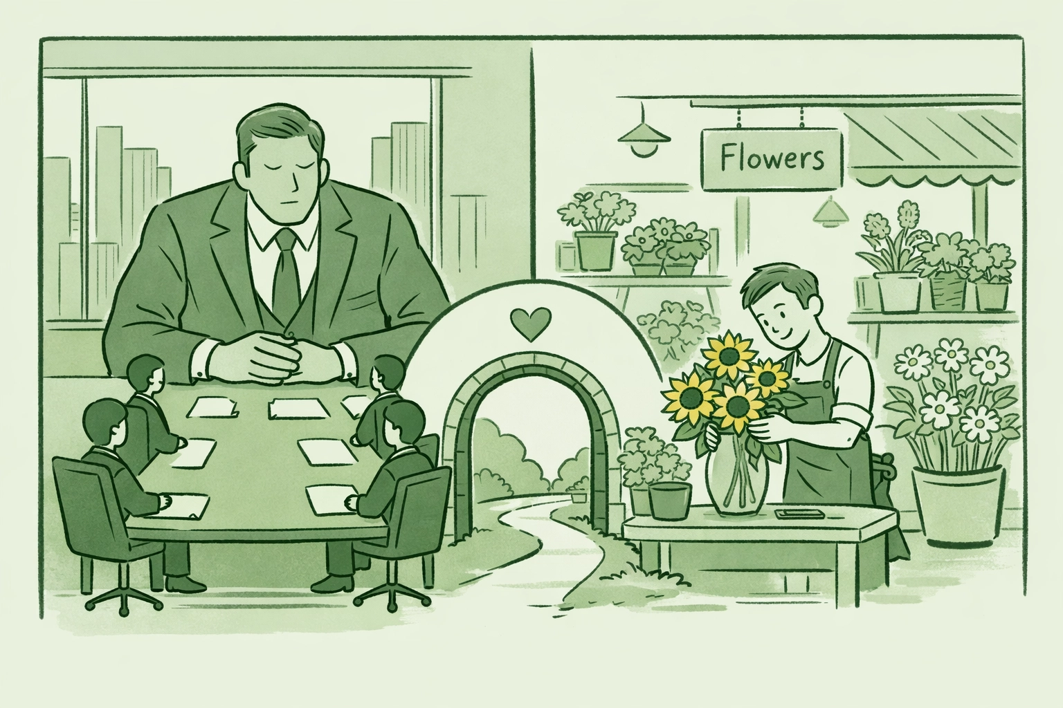 CEO in boardroom and florist with sunflowers depicting contrasting worlds in gay romance