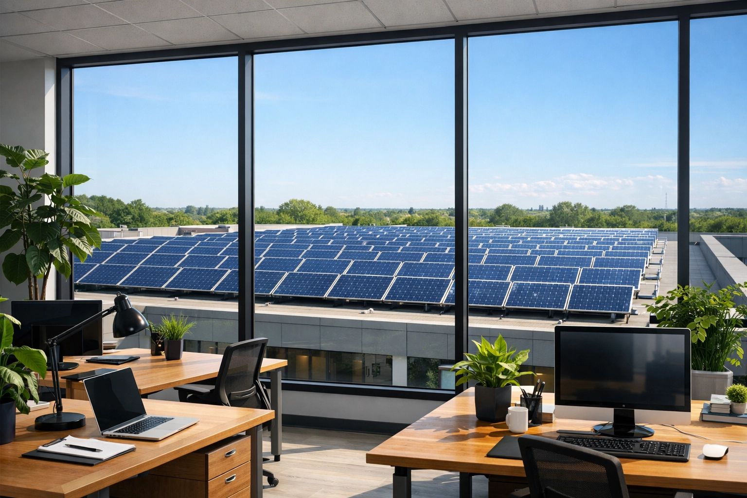 Business solar power array visible from a modern office, showing daytime energy generation for better ROI.