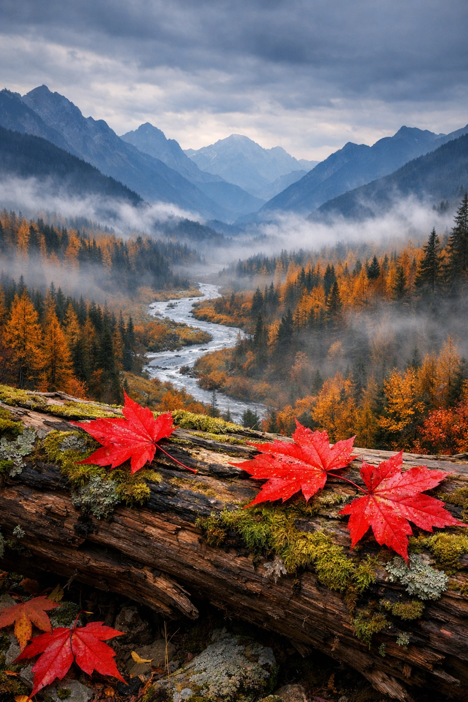 Layered landscape photography showing a foreground log, midground river, and distant misty mountain peaks.