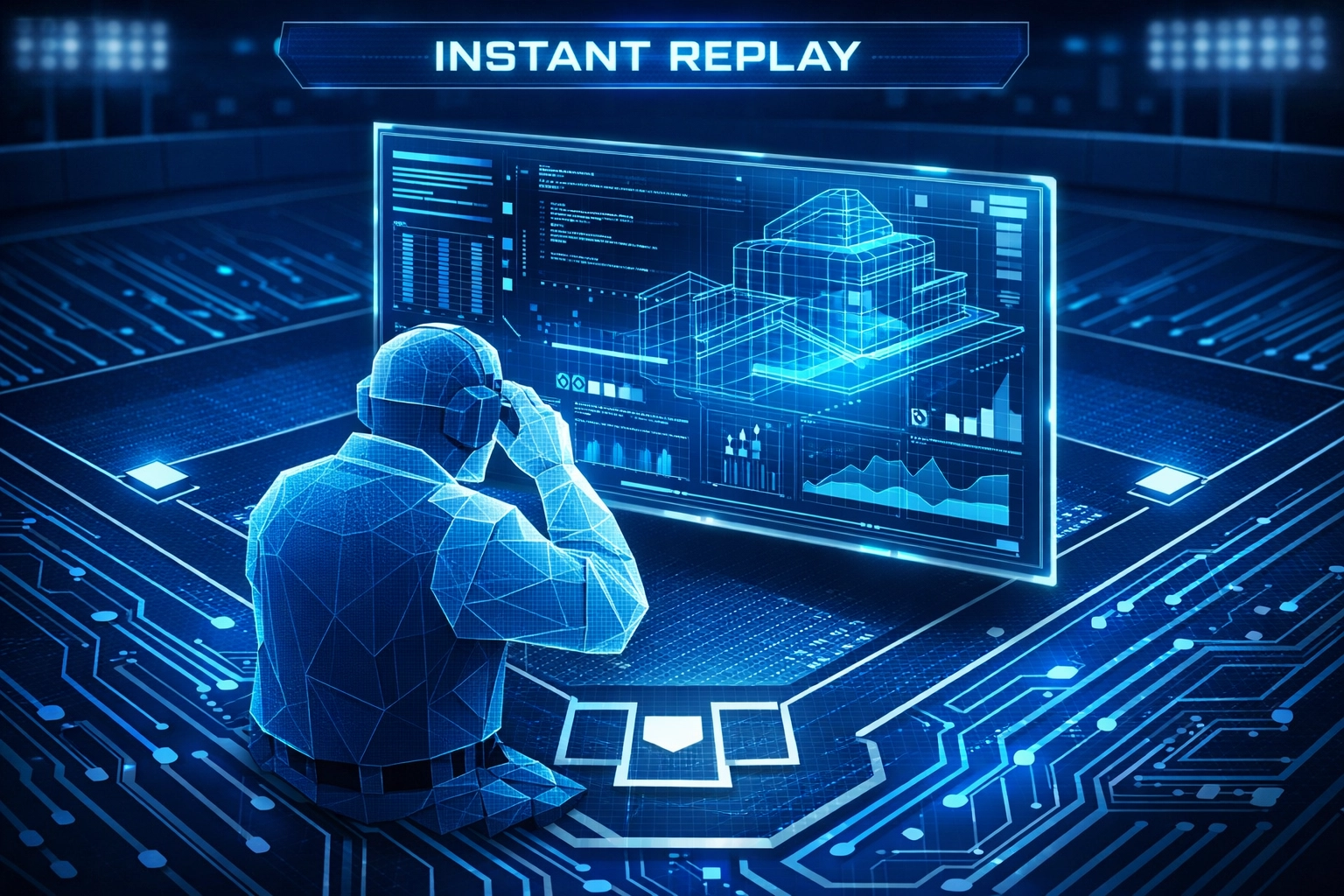 Digital umpire reviewing data logs on a circuit board baseball field for cyber insurance audit compliance.