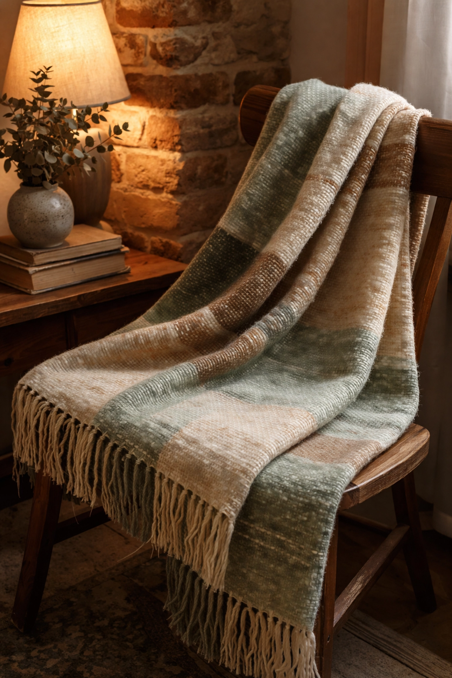 Hand-woven textile blanket on a vintage chair highlighting subtle color variations and artisanal details.