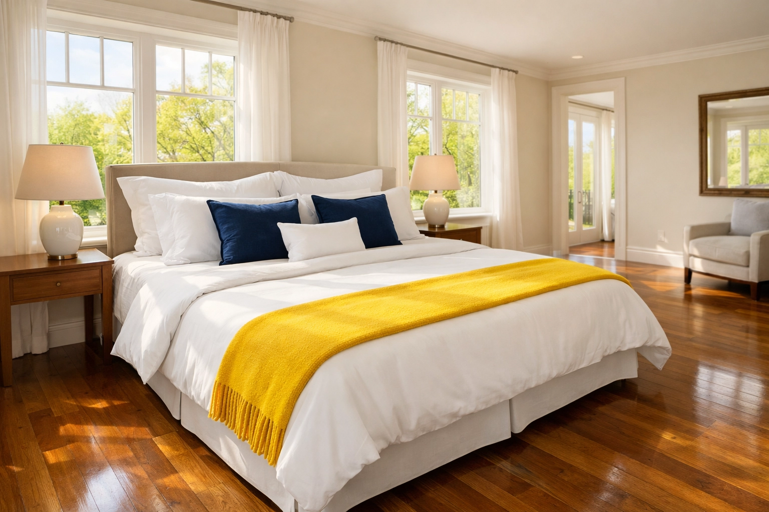 Sun-drenched luxury bedroom with white linens and navy pillows after a thorough spring cleaning session.