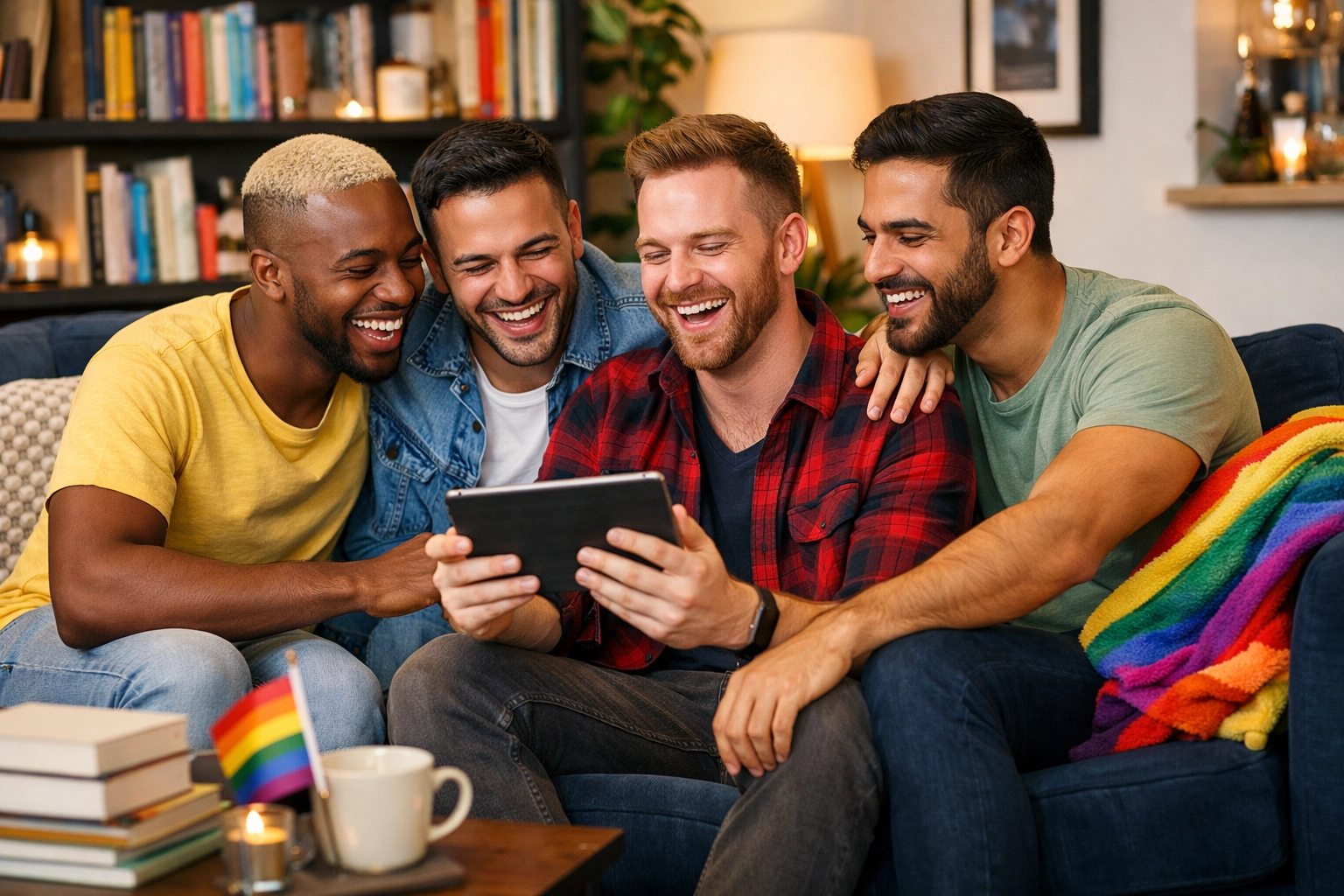 Friends discussing LGBTQ+ ebooks and MM romance recommendations in a cozy home setting.