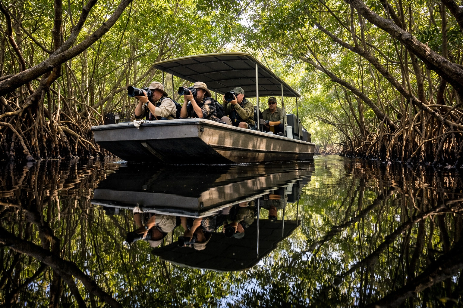 A specialized photography tour boat navigating through winding Everglades mangrove tunnels.