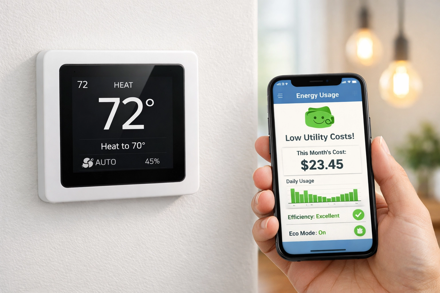 Energy-efficient smart thermostat showing lower utility costs in new home