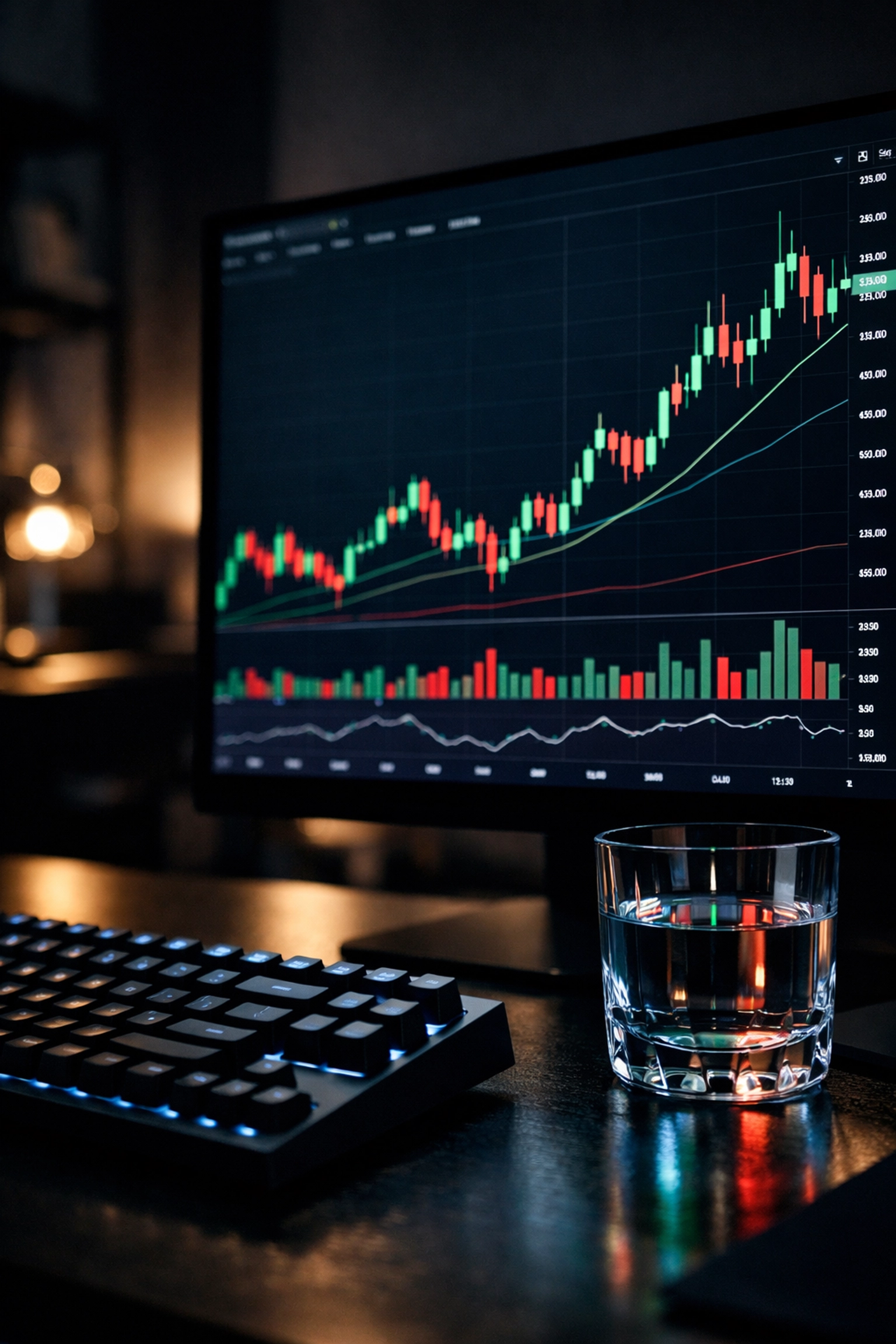Professional crypto trading workstation showing candlestick charts on a monitor for funded account management.