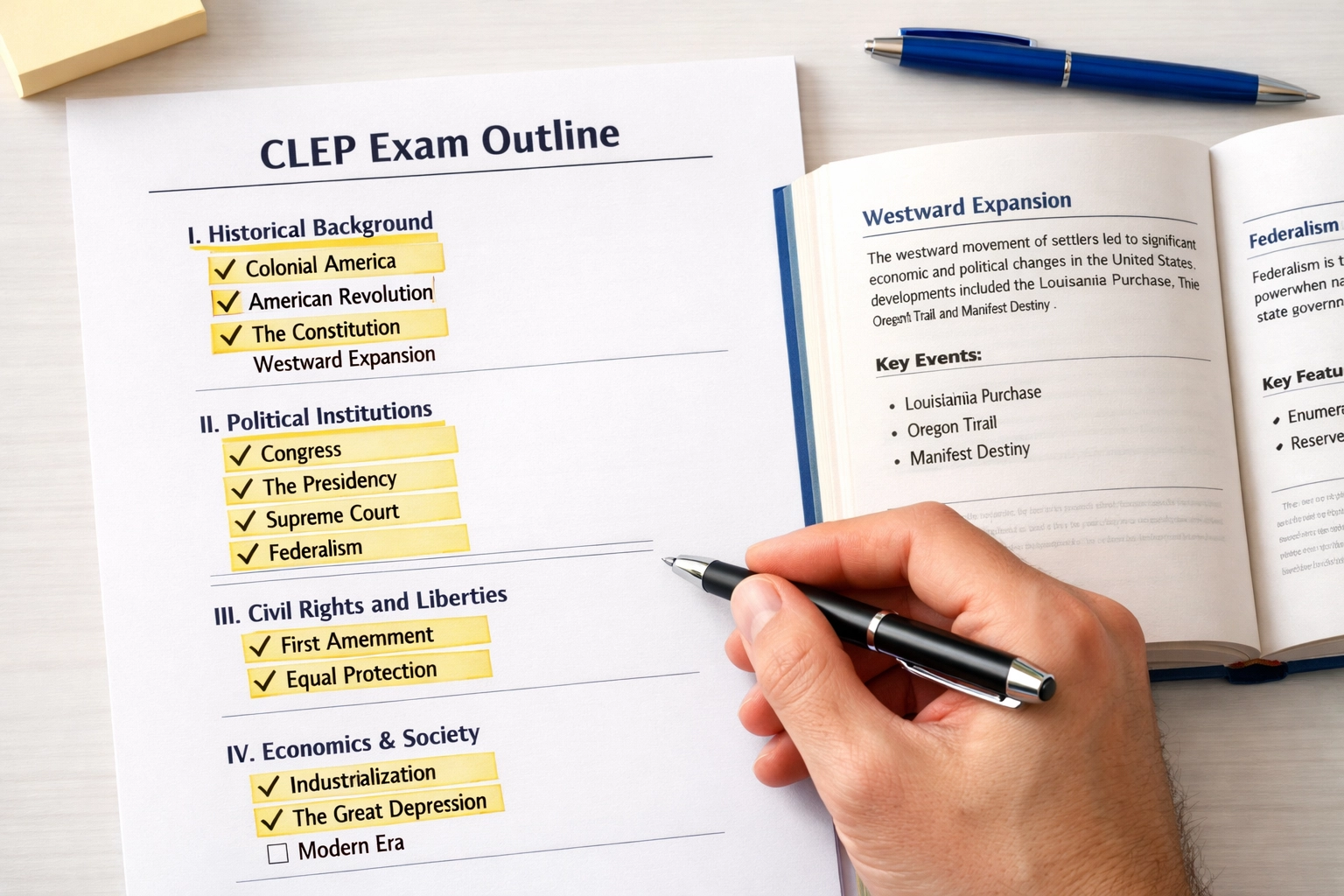 CLEP exam outline with checkmarks tracking completed study topics