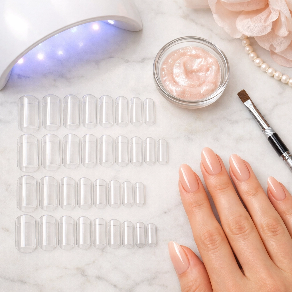 Professional nail station with dual forms, polygel, and UV lamp for nail enhancements in Scarborough