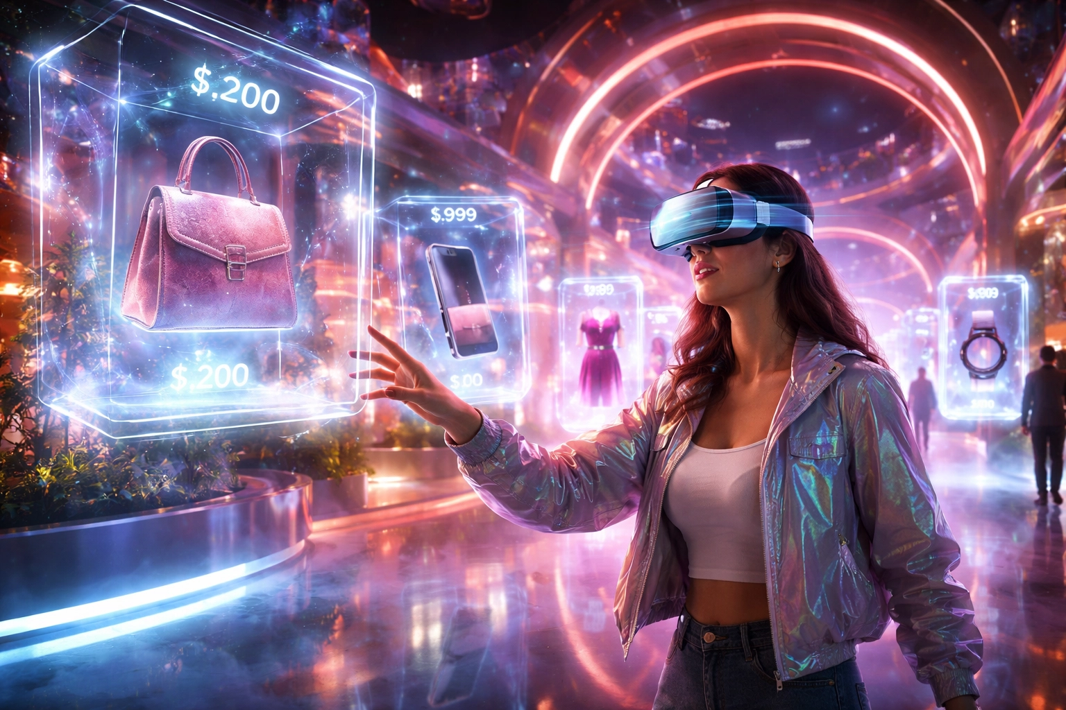 Person exploring metaverse shopping in VR, showcasing Larecoin's future-ready social commerce platform
