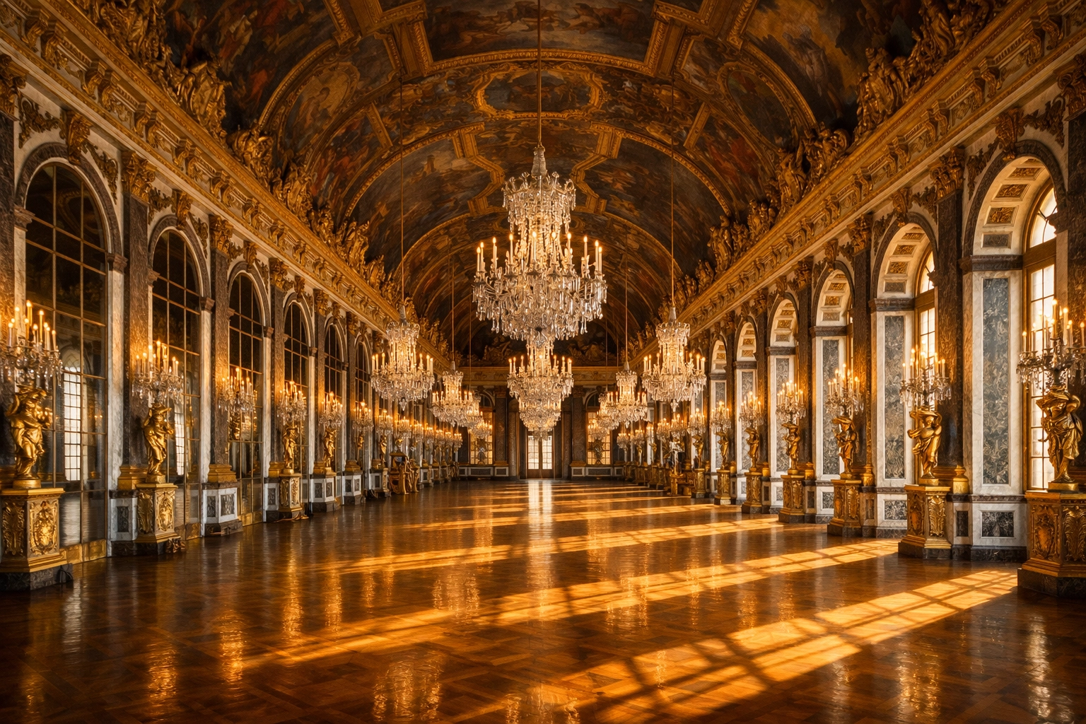 Symmetrical view of the empty Hall of Mirrors at Versailles, an iconic photo spot for 2026.