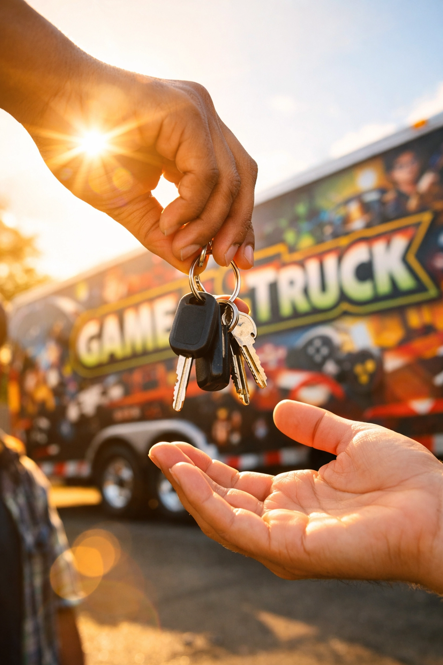 Hands exchanging keys to a video game truck business