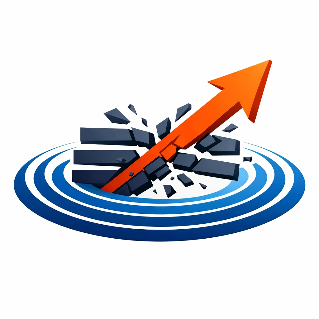 A bold orange arrow breaking through bottlenecks to represent rapid business scaling with bespoke software.