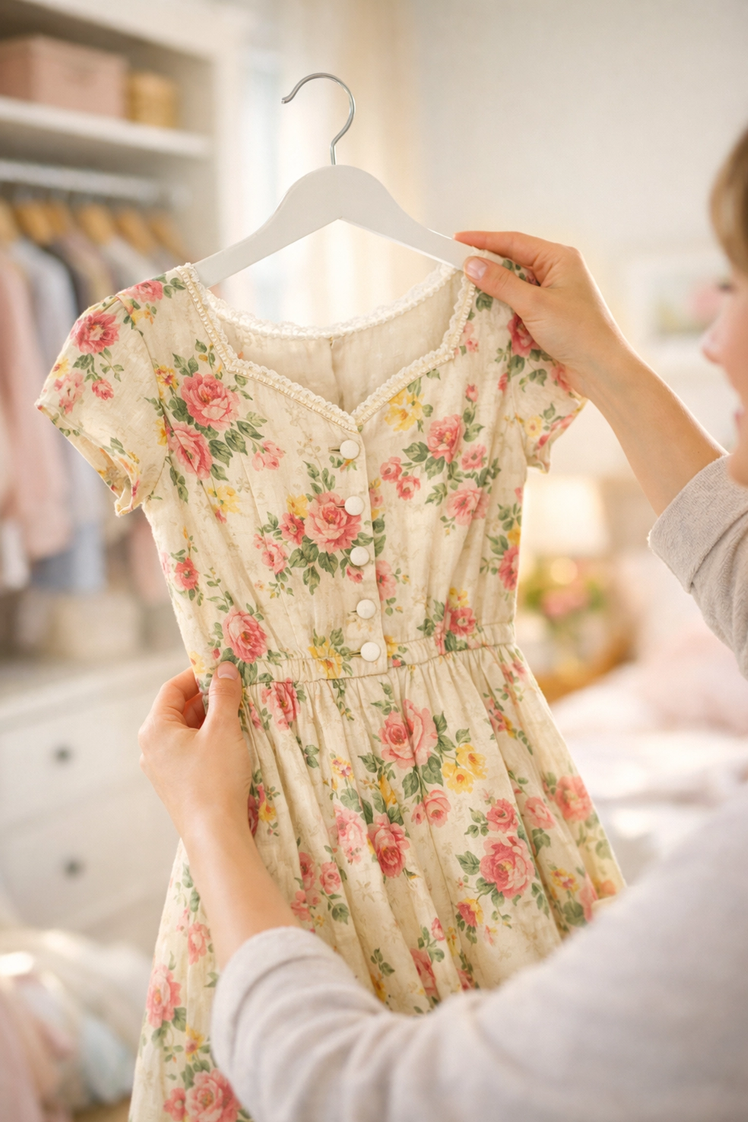 Beginner reseller inspecting a vintage floral dress from their closet to sell on eBay for profit.