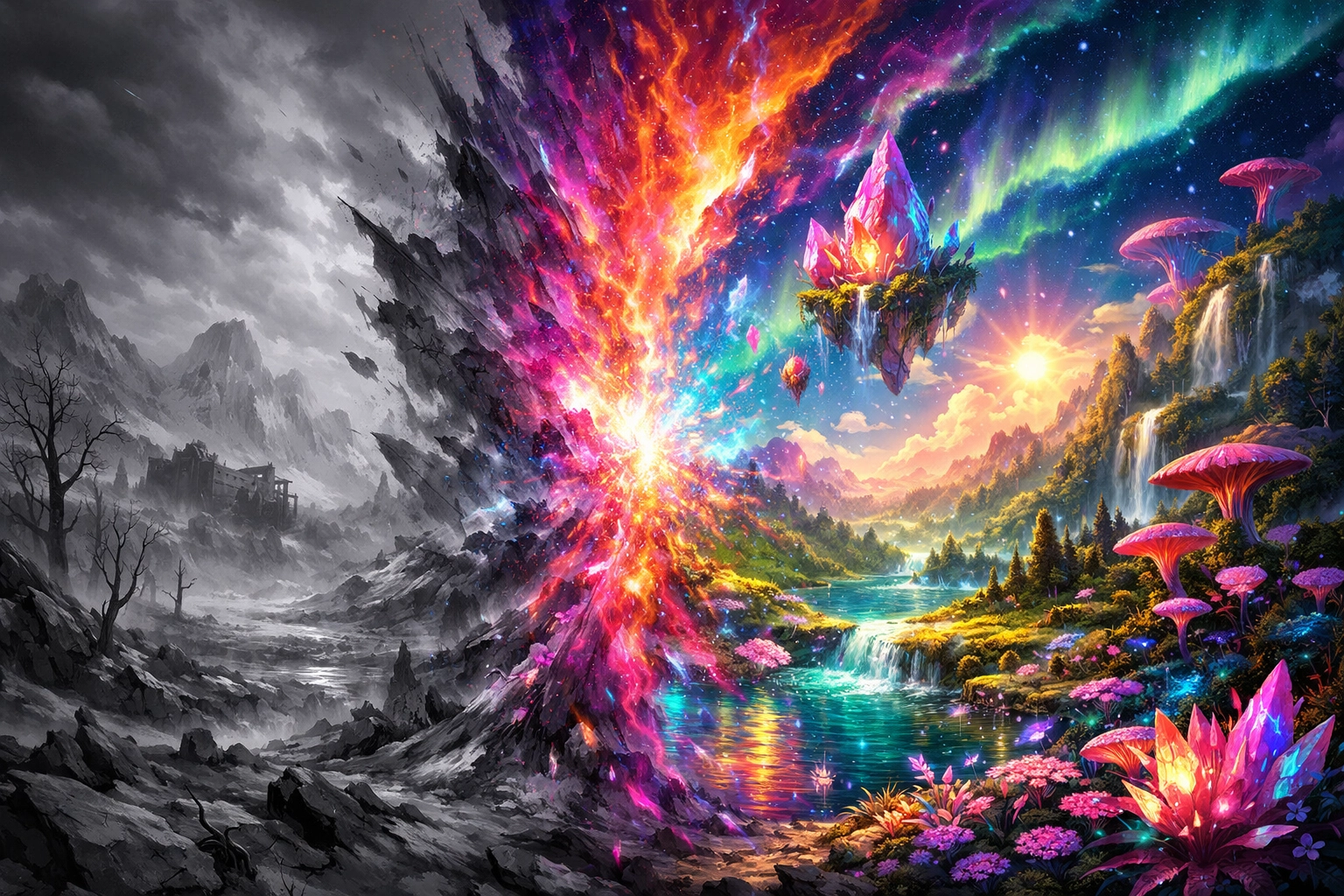 A vibrant landscape shifting from grey to color, showing how to improve relationships and be a better parent.