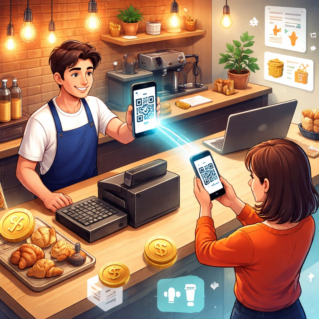 Small business owner accepting crypto payment via QR code at a modern coffee shop, highlighting LarePAY POS