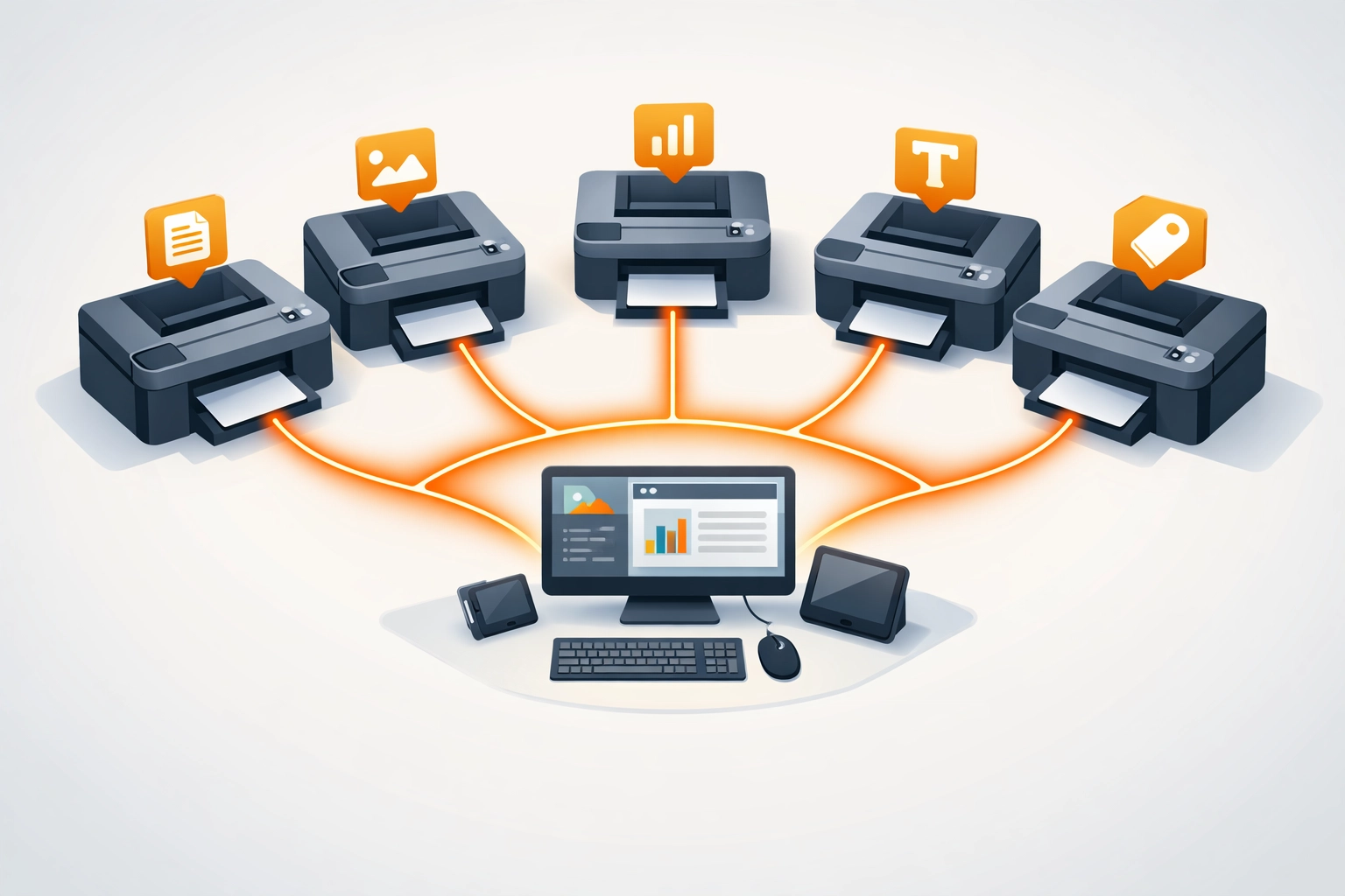 Multi-printer setup with centralized RIP software managing multiple print jobs simultaneously