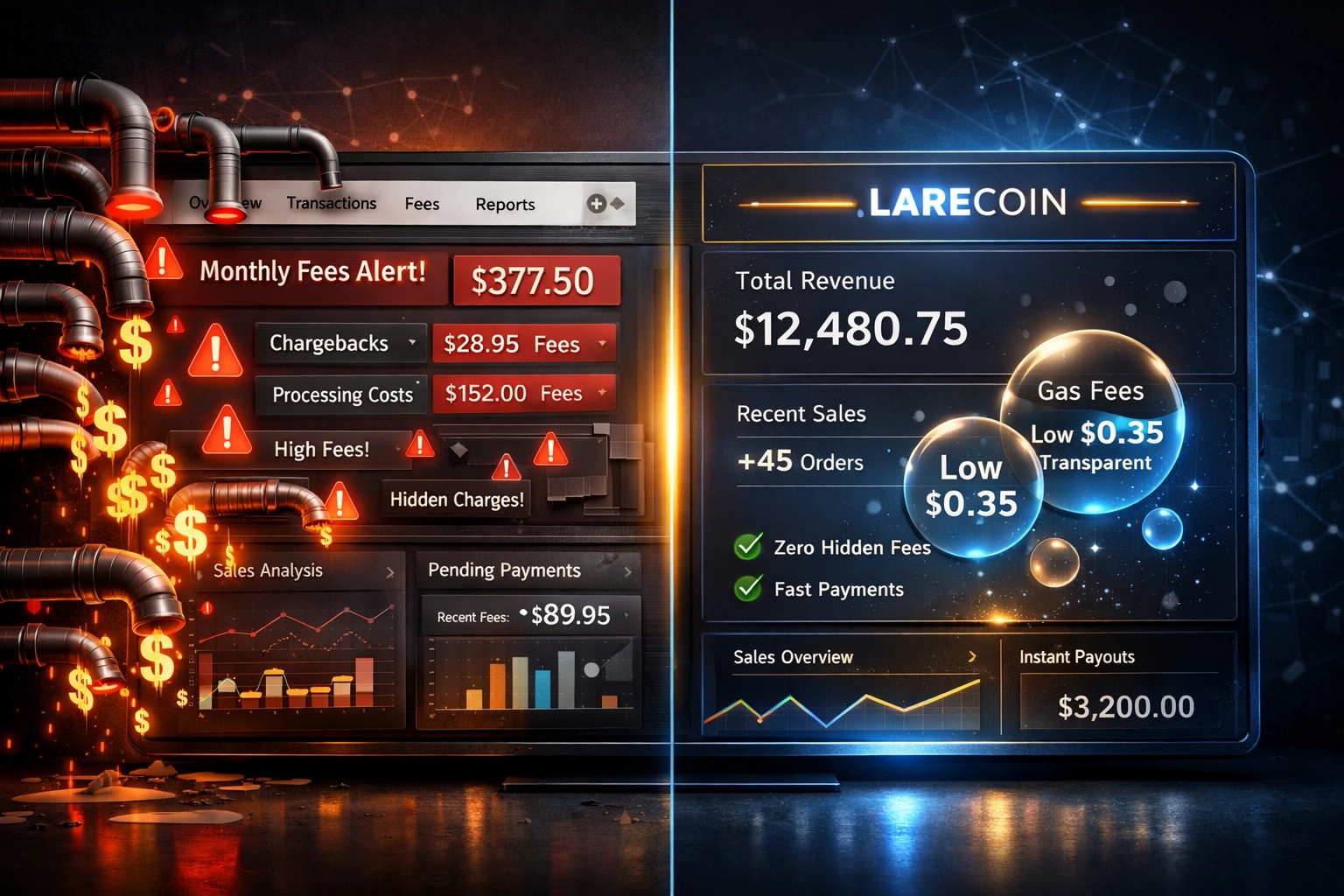 Comparison of traditional crypto payment processor fees versus Larecoin's gas-only pricing model