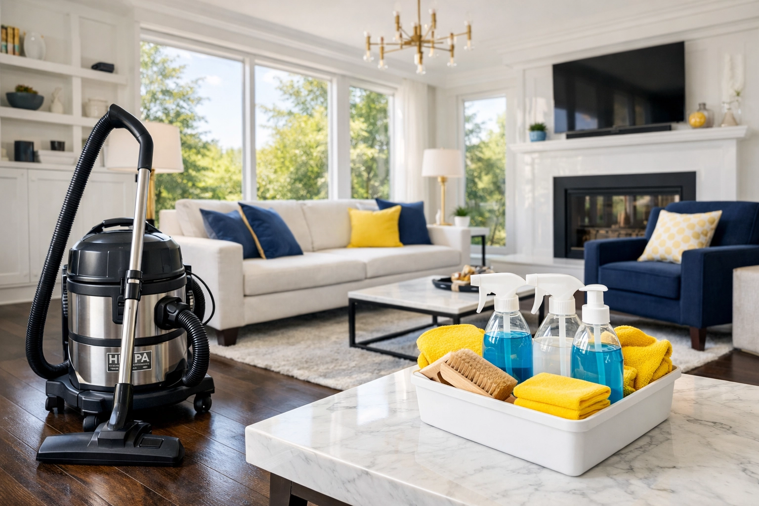 Professional house cleaning in Westford using HEPA vacuums and eco-friendly supplies in a modern home.
