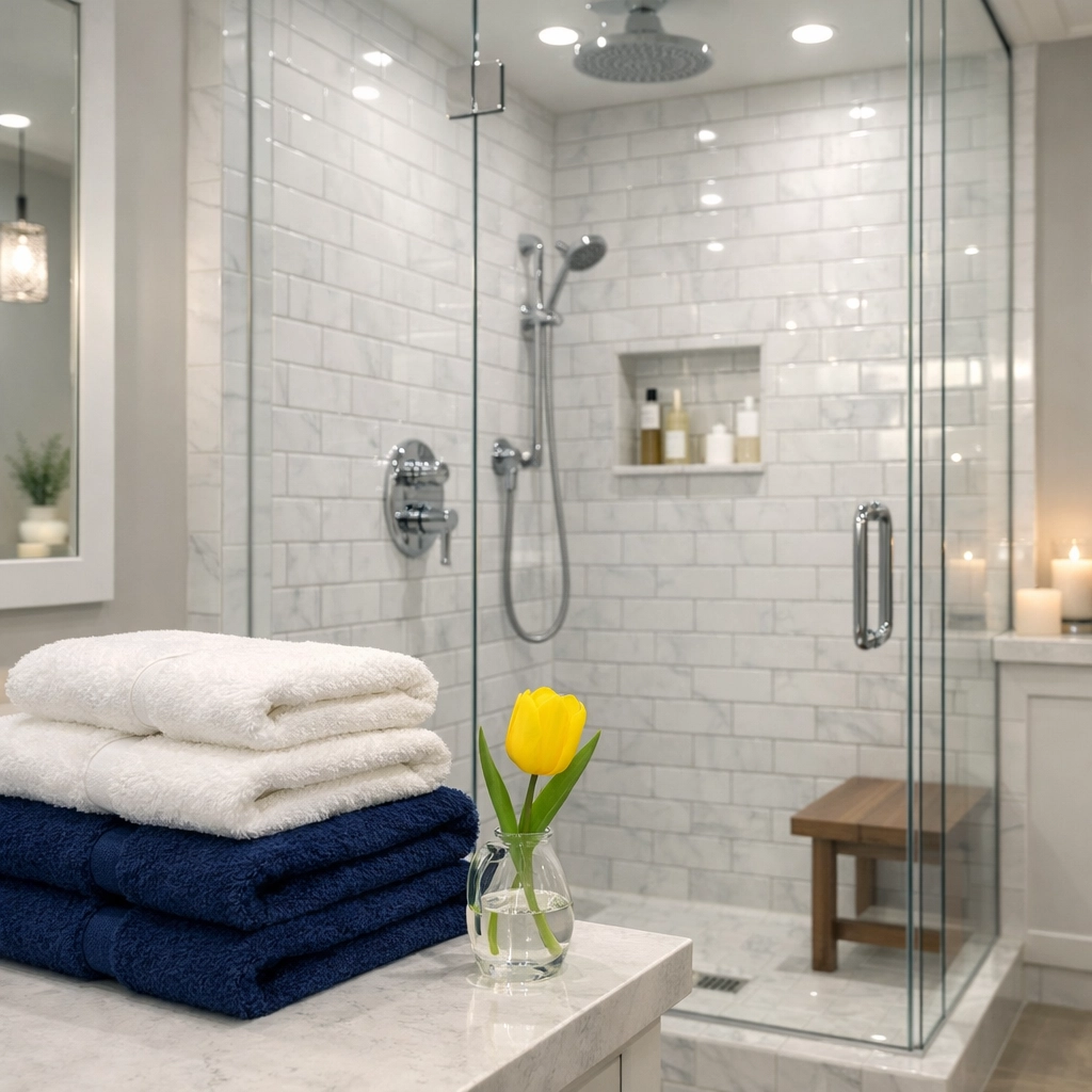 Spotless master bathroom with white marble tile as part of a deep cleaning MA mission.