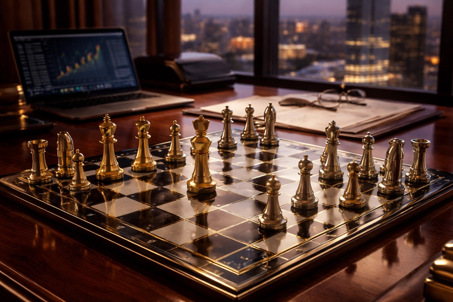 Strategic tax planning for high-net-worth individuals symbolized by a chess board with financial documents and city skyline