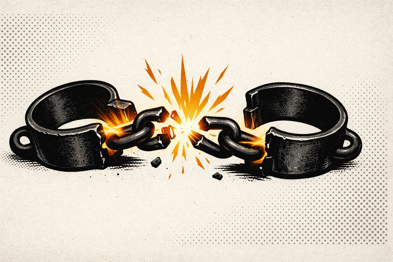 Minimalist illustration of broken iron shackles symbolizing freedom and spiritual reconciliation.