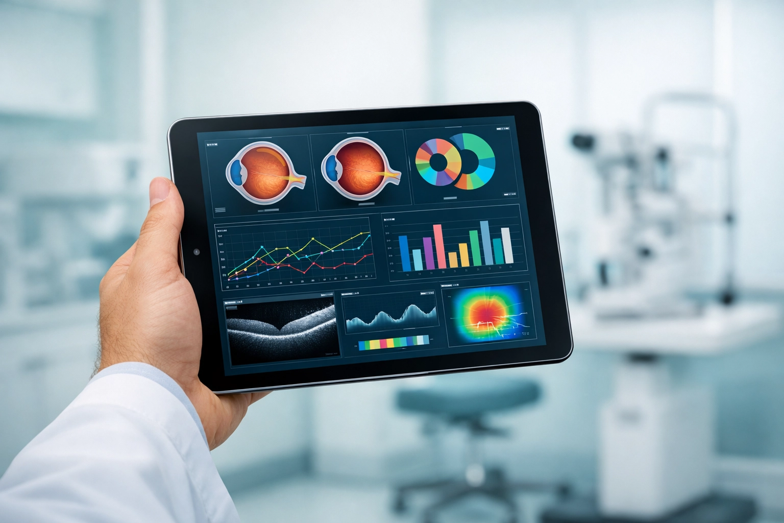 Doctor using a tablet for clinical audits to improve ophthalmology billing services and compliance.