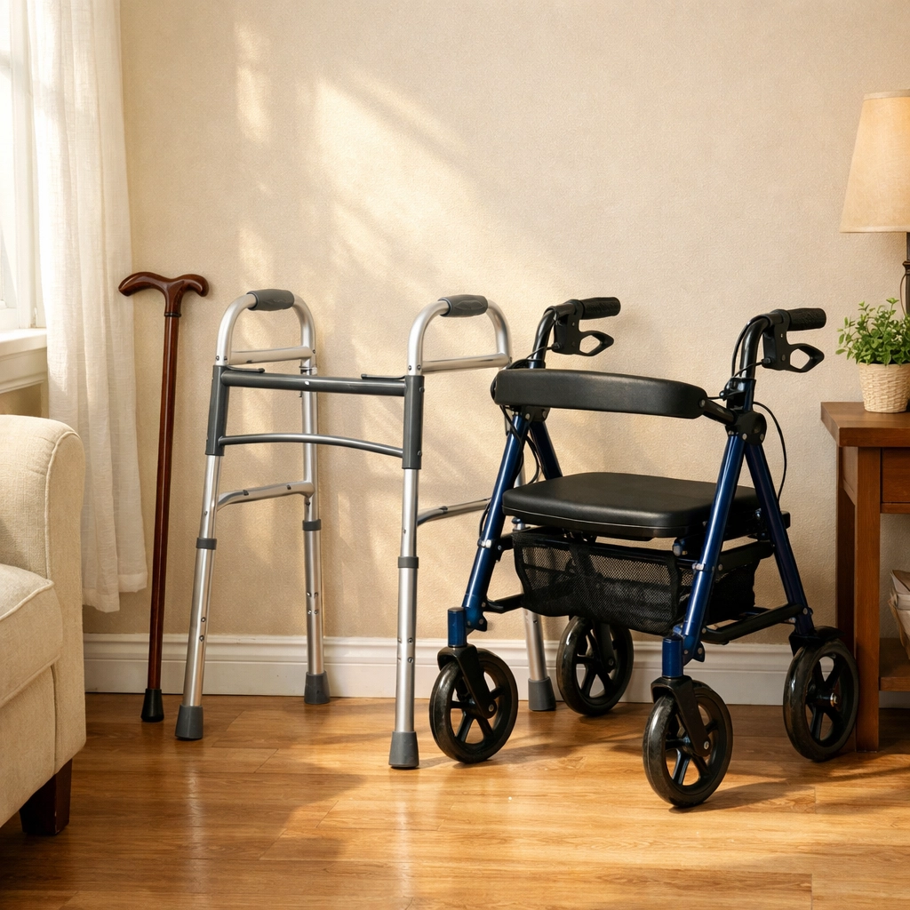 Different mobility aids like a cane, walker, and rollator for senior safety and balance.