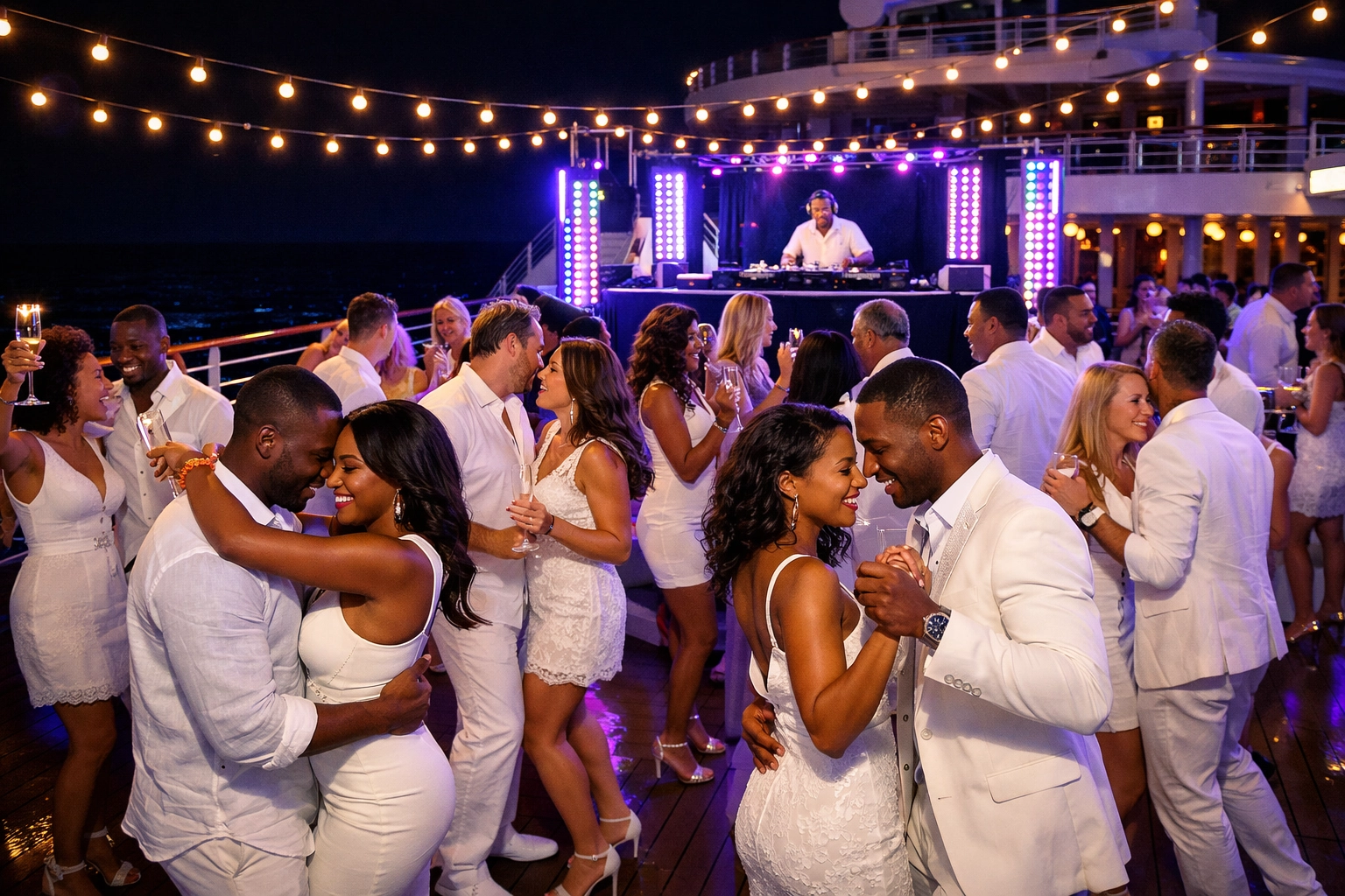 White party themed event on lifestyle cruise ship deck with couples dancing