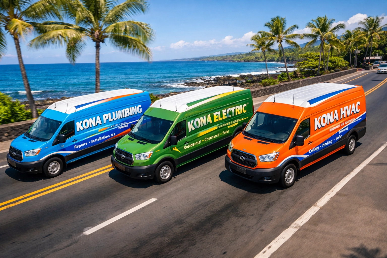 Branded commercial fleet vehicles with graphics driving in Kona Hawaii