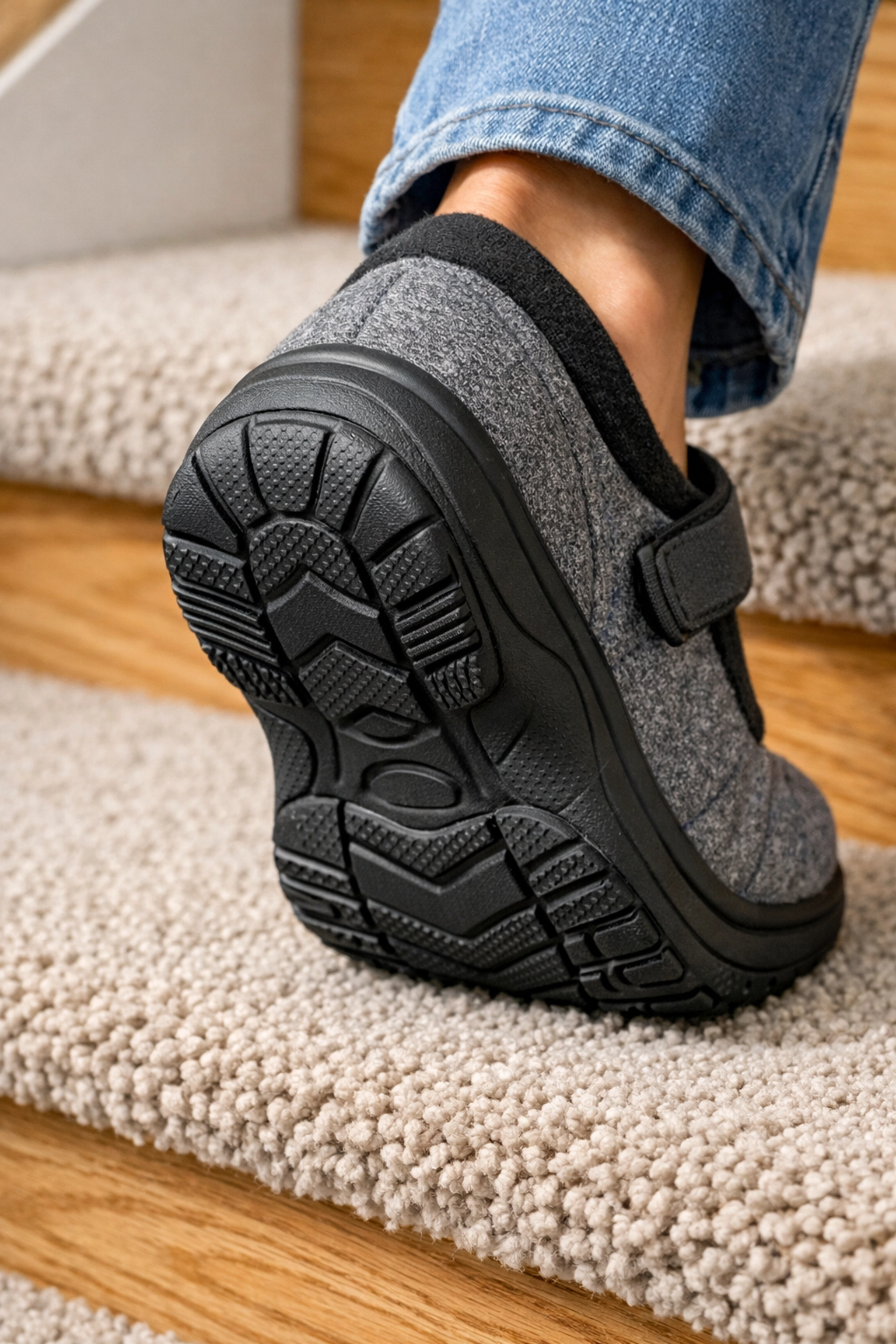Close-up of non-slip indoor shoes providing secure traction on carpeted stair treads.