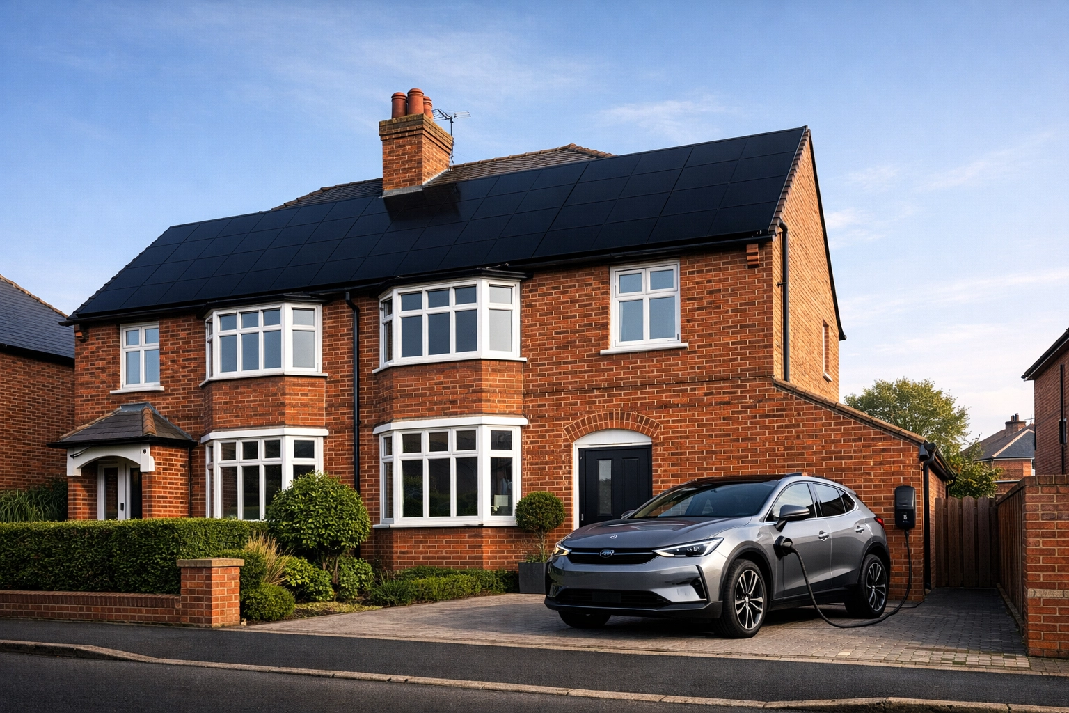 Professional solar PV installation on a UK red-brick home with integrated black-on-black panels.