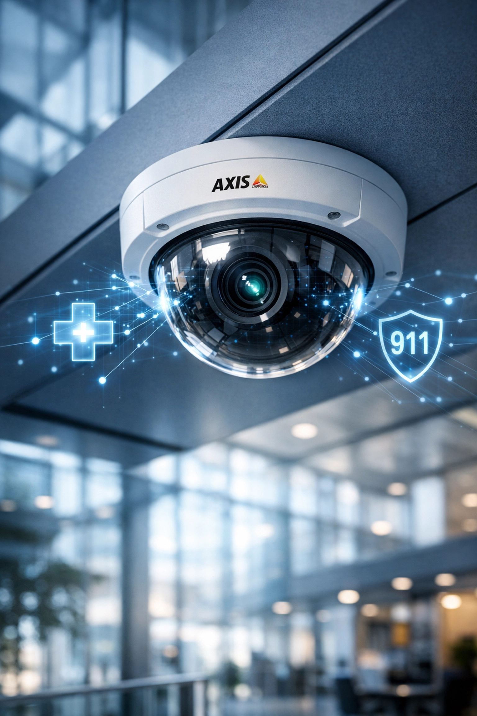 Axis Communications dome camera with digital tech overlays for emergency 911 Camera Share in a Michigan lobby.