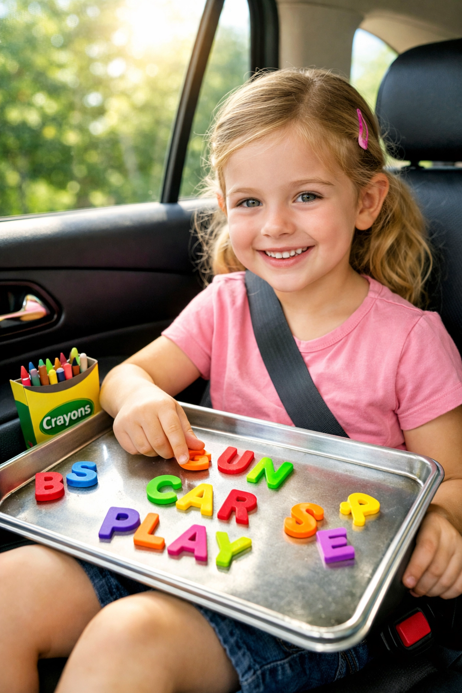 A young girl using a cookie sheet as a lap desk for magnets and drawing in the back of a car.