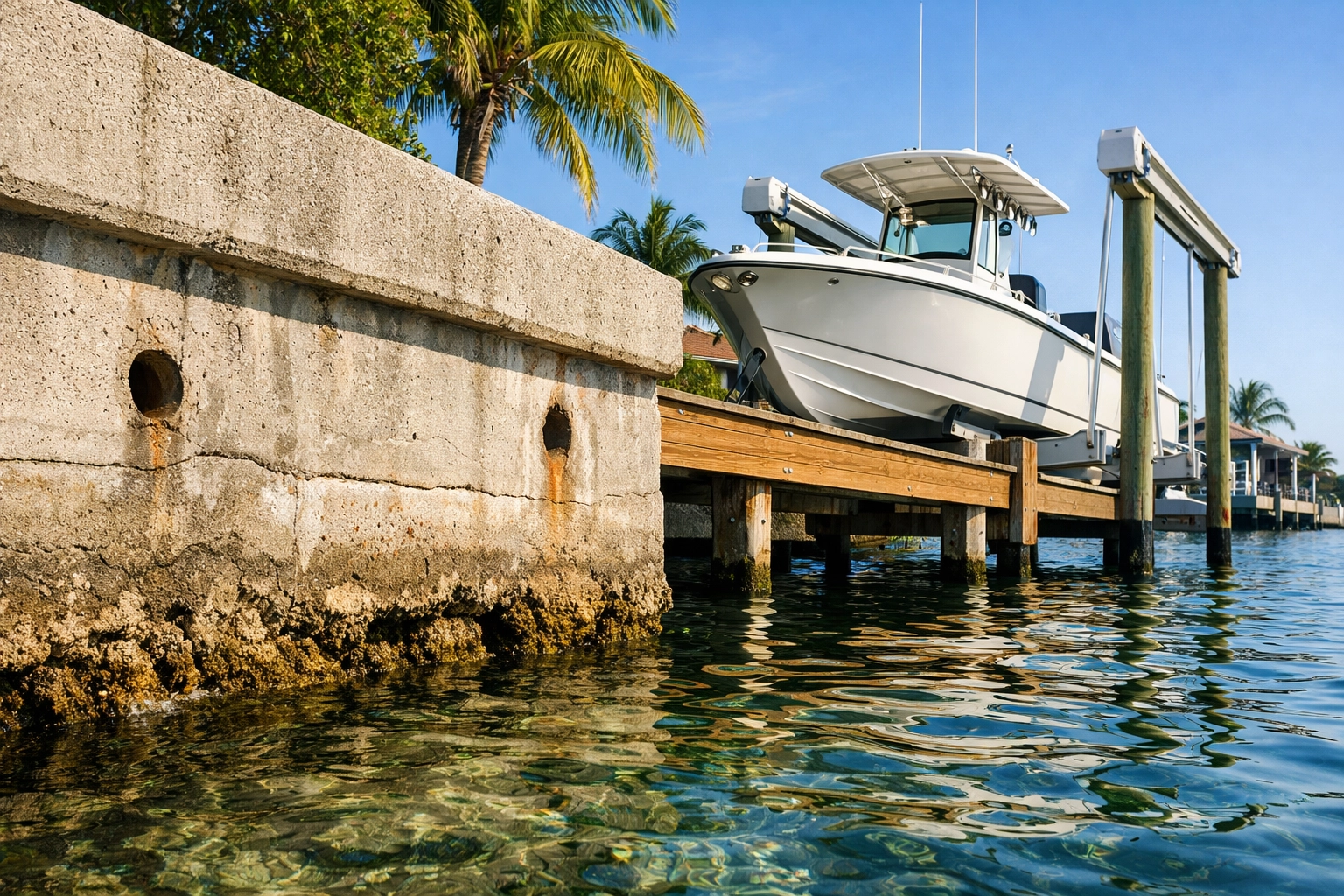 Cape Coral seawall and boat dock with center console boat at private dock