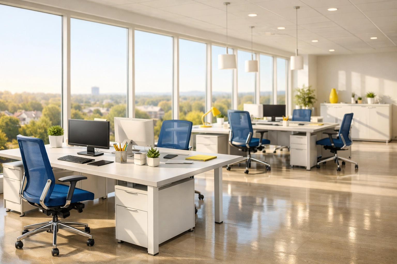 Clean, modern office in Northborough with polished floors following professional commercial cleaning Northborough services.