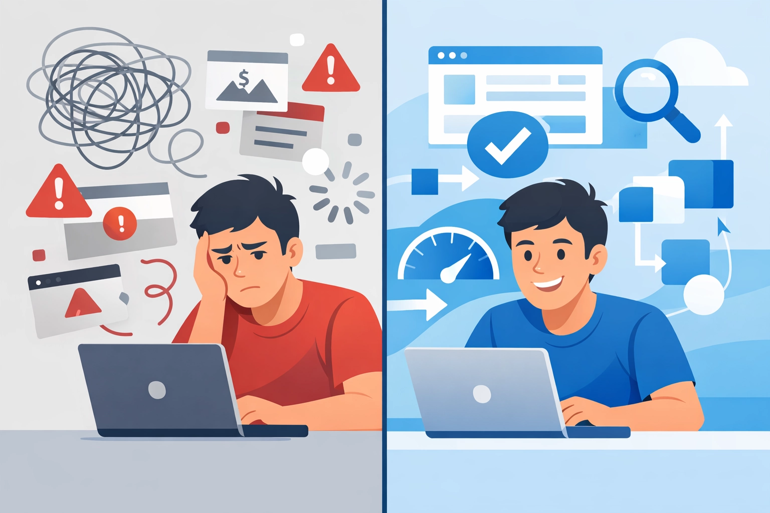 Poor user experience vs optimized web design showing improved navigation and conversion paths