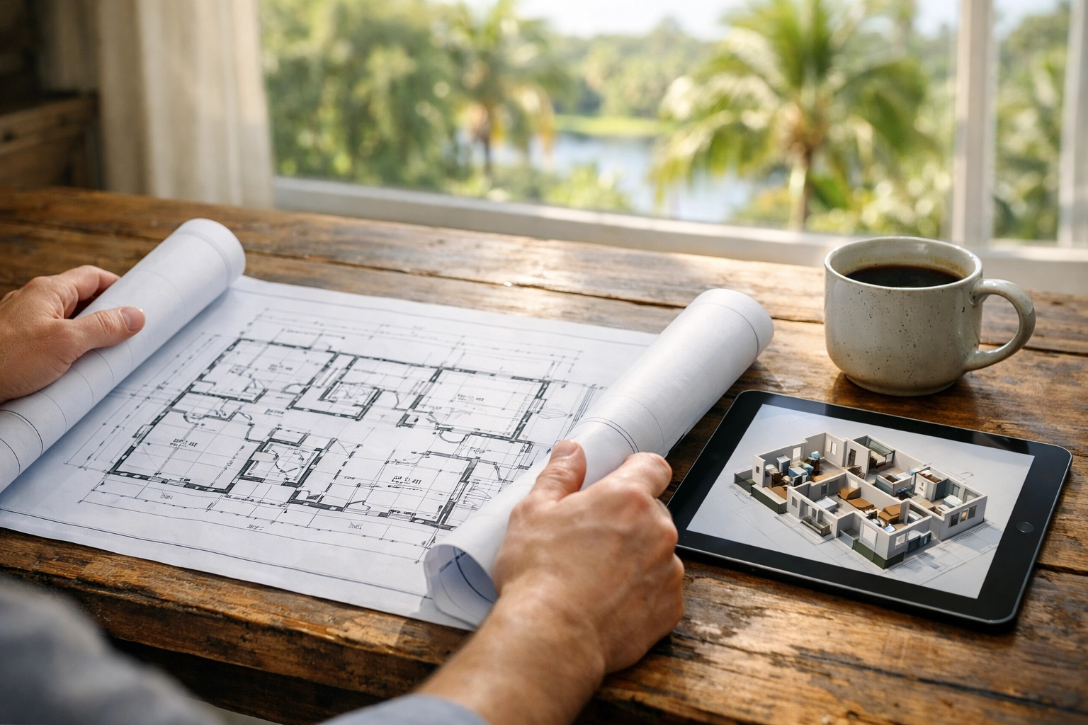 Architectural blueprints and digital floor plans for a custom home construction project in Okeechobee.