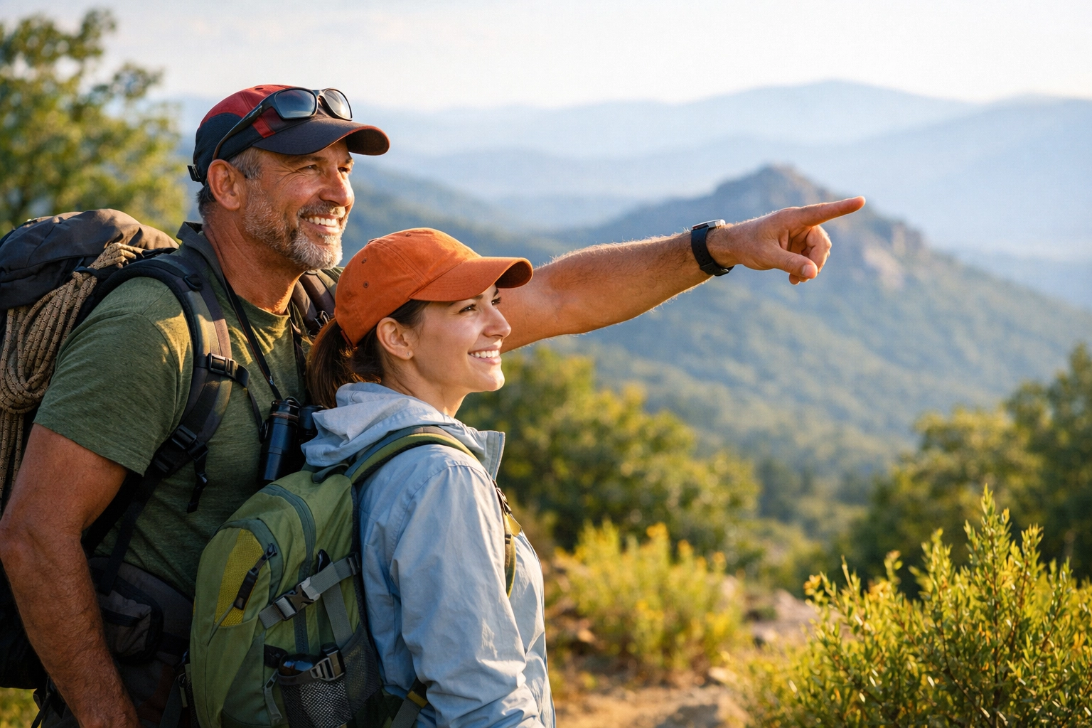 Mountain guide teaching natural navigation skills on a sunny trail for guided hiking tours UK.