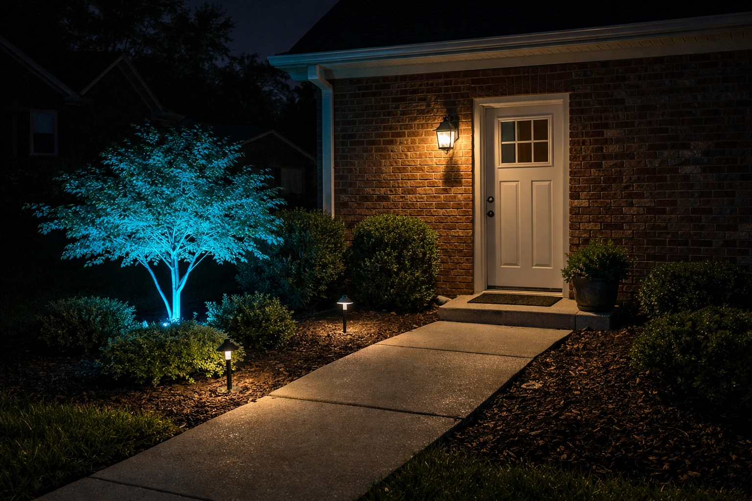 Motion-activated outdoor lighting illuminates home entrance and walkway at night