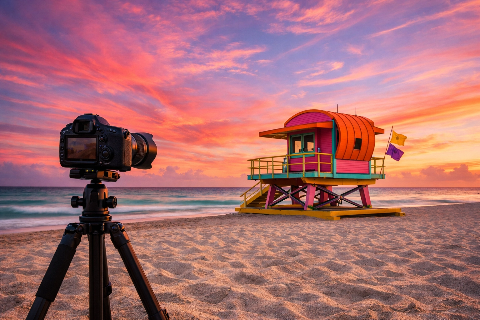 Wide angle photo of a professional camera at a colorful South Beach Miami lifeguard stand at sunset.