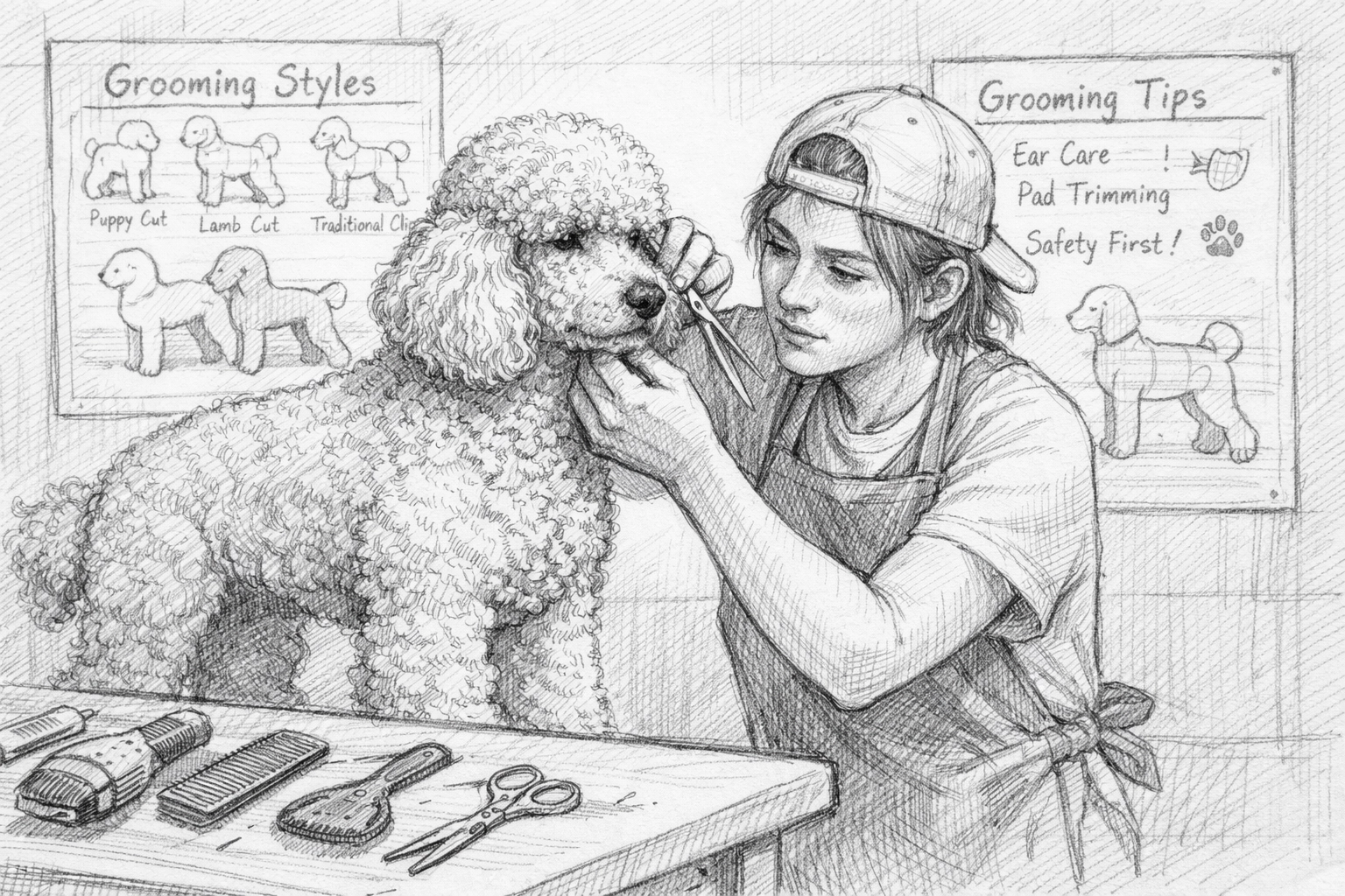 Pet groomer in training practicing grooming techniques on a poodle with tools nearby