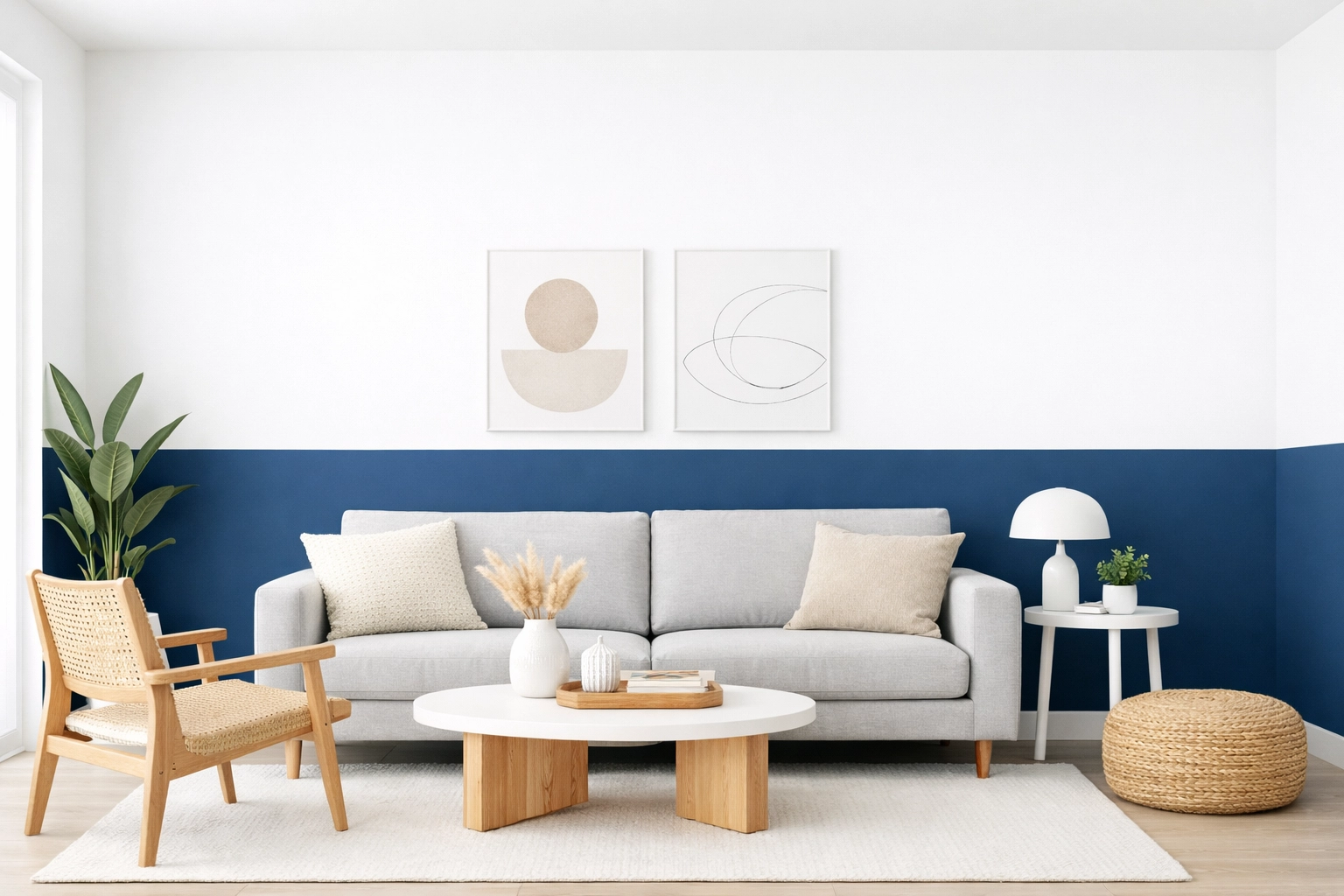 Horizontal two-tone navy blue and white wall in a modern Gloucestershire living room.
