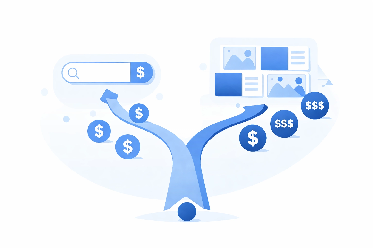 Illustration of diverging paths comparing search ads and display ads with different cost indicators