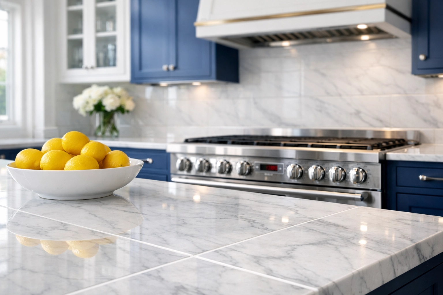 Professional deep cleaning in a Lincoln MA luxury kitchen with spotless marble countertops and a gleaming stove.