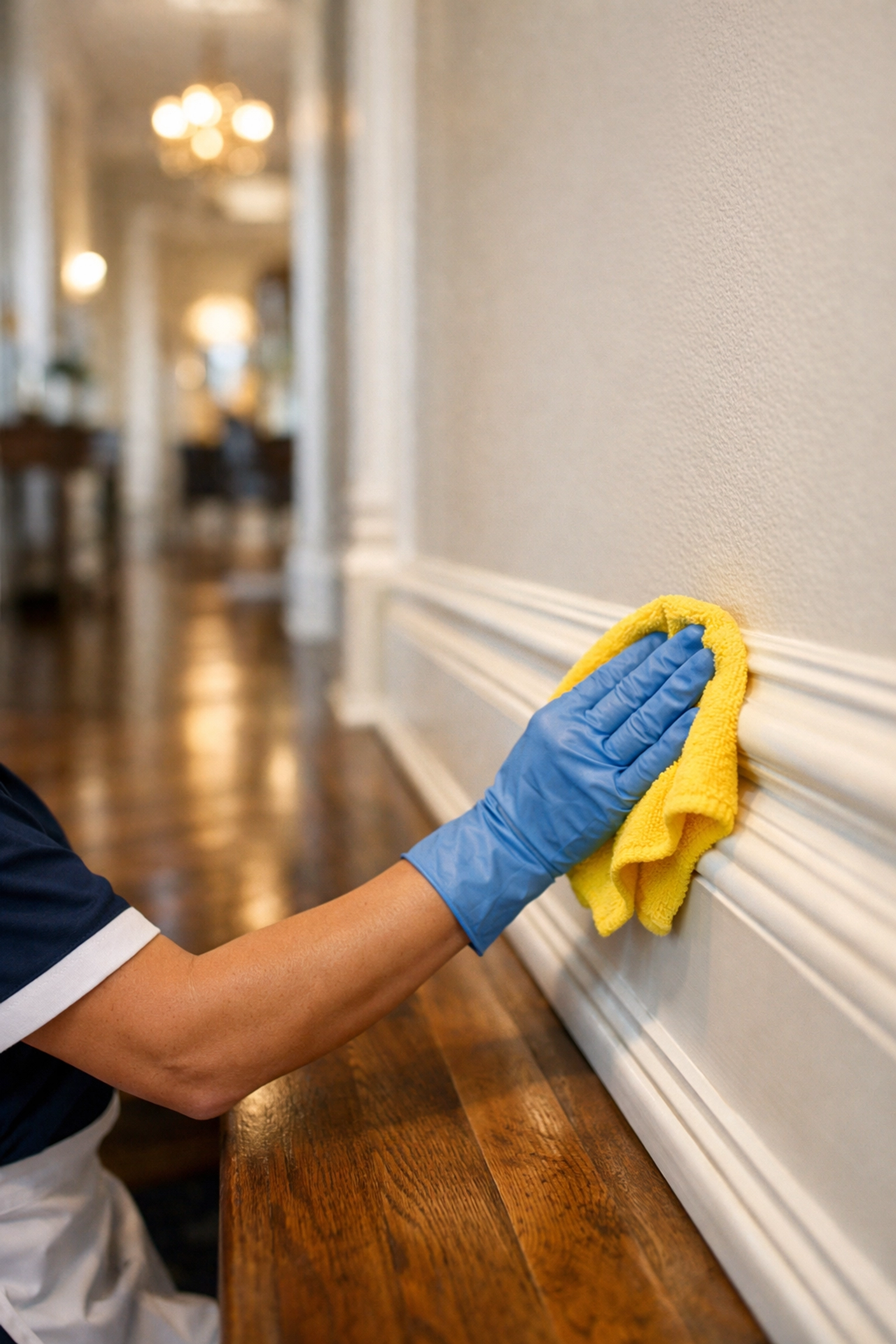 Professional cleaners MA detailing baseboards during a high-end residential deep cleaning service.