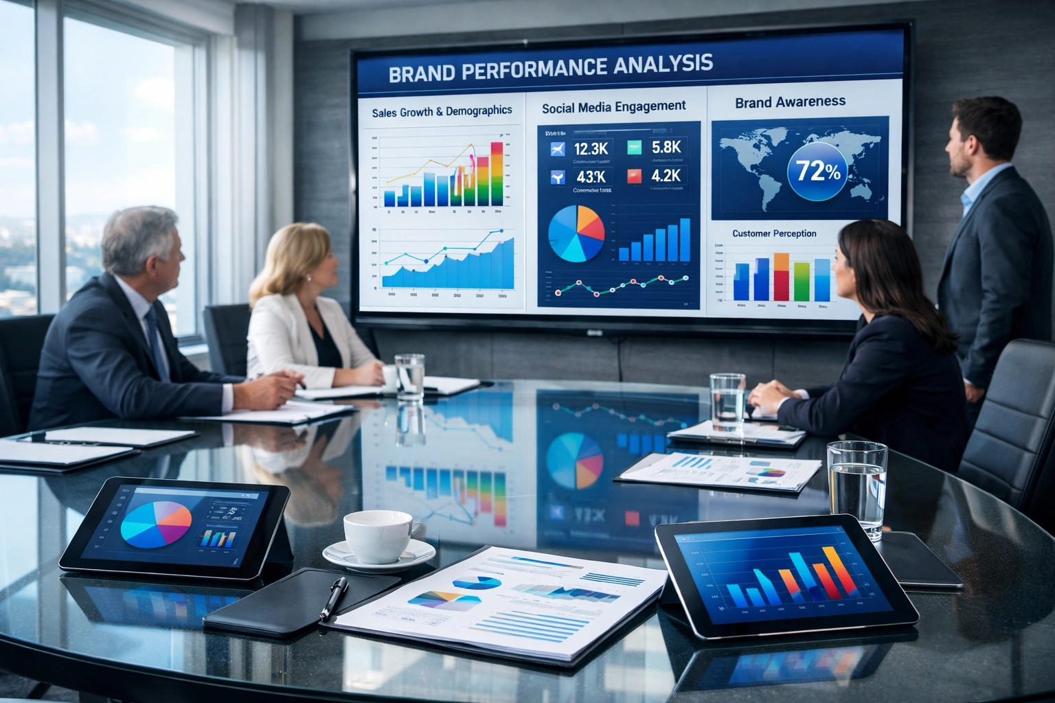 Executives analyzing brand performance metrics and ROI data in corporate boardroom
