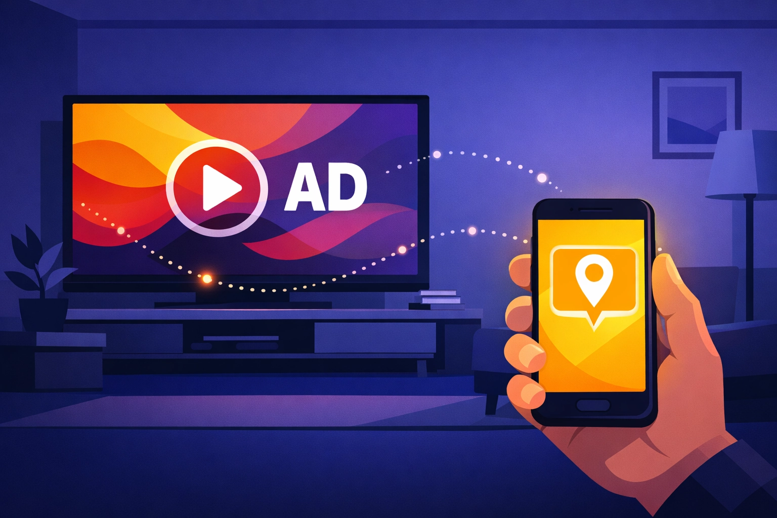 Vector showing CTV and mobile ad synergy for local dispensary marketing campaigns.