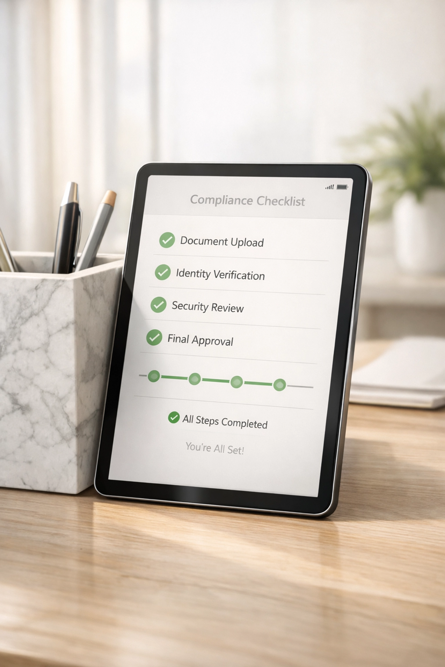 Digital tablet displaying a tax compliance checklist and automated ERO workflow progress on a minimalist office desk.