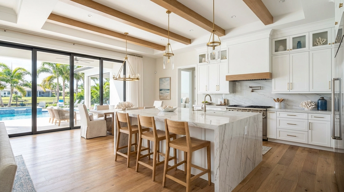 Bright luxury kitchen and dining area in Naples, Florida, wide-angle real estate photo