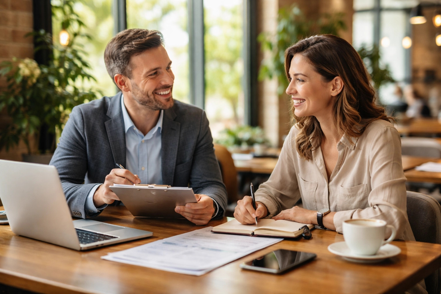 Insurance broker and self-employed client meeting in a sunlit coffee shop, discussing individual health insurance plans.